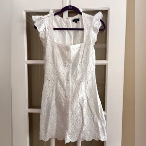 White flutter eyelet cap sleeve short dress